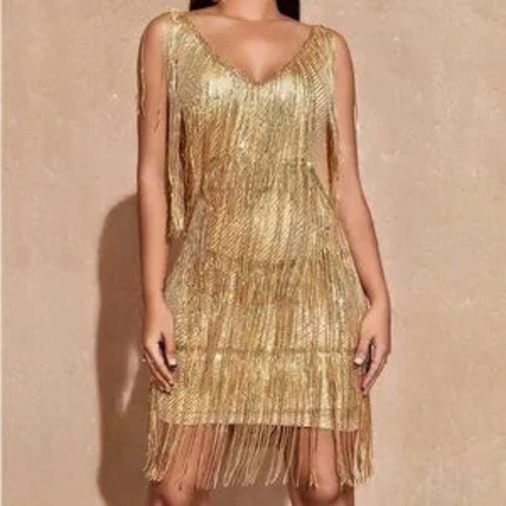 Women's Gold Sequin Cocktail Flapper Gatsby-Style Mini Prom Dress - Picture 5 of 7